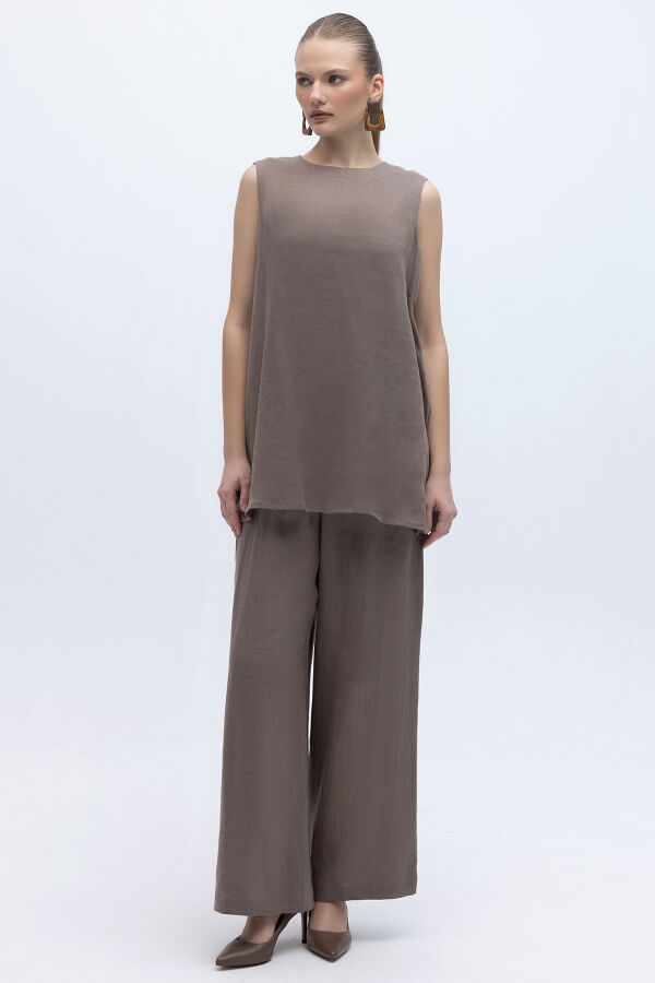 Kolsuz Düz Renk Keten Tunik Mink - 4