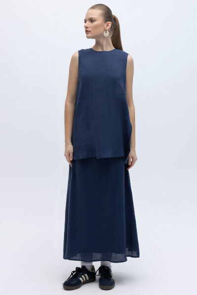 Kolsuz Düz Renk Keten Tunik Navy - 4