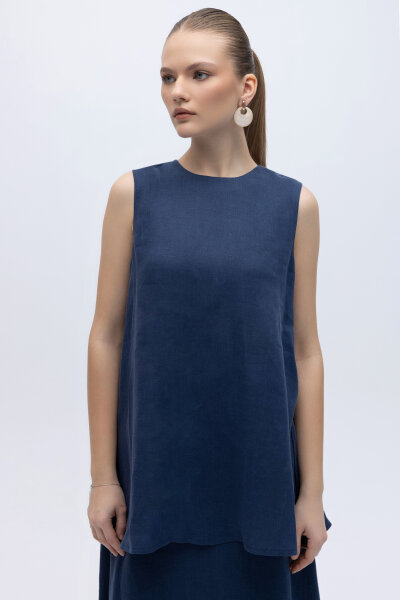 Kolsuz Düz Renk Keten Tunik Navy 