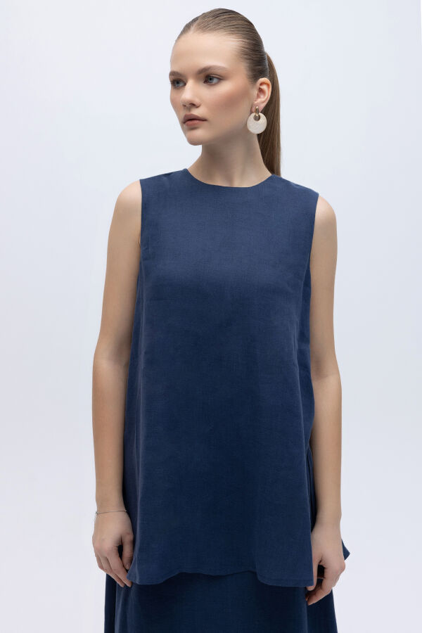 Kolsuz Düz Renk Keten Tunik Navy - 1