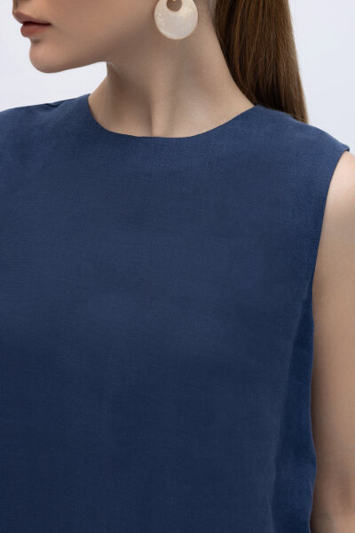 Kolsuz Düz Renk Keten Tunik Navy - 2