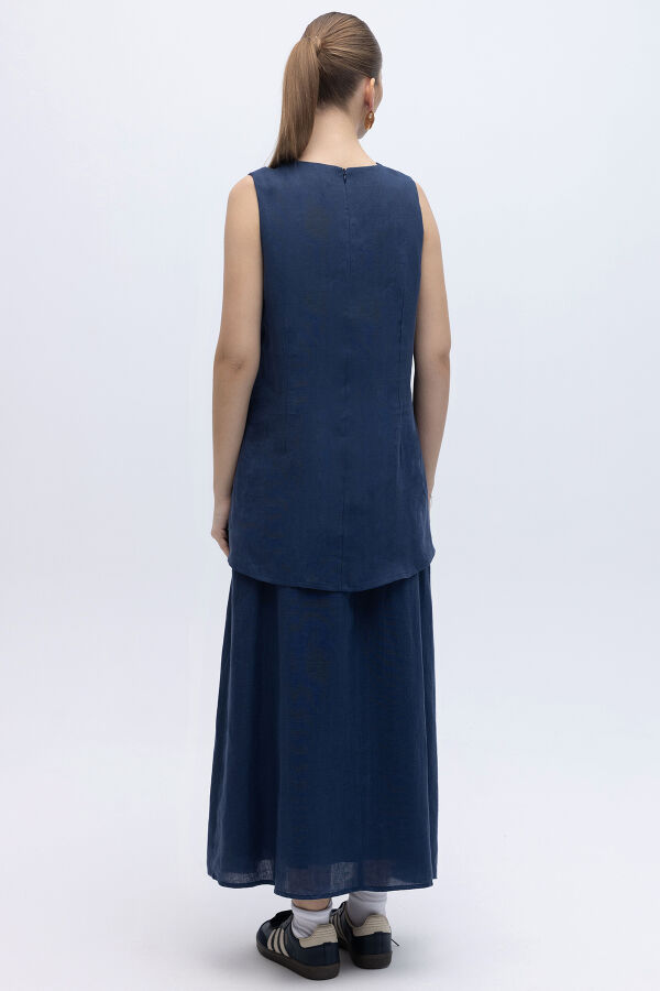 Kolsuz Düz Renk Keten Tunik Navy - 3