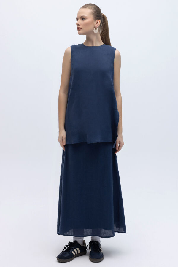 Kolsuz Düz Renk Keten Tunik Navy - 4