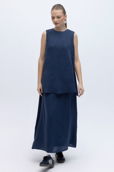 Kolsuz Düz Renk Keten Tunik Navy - 5