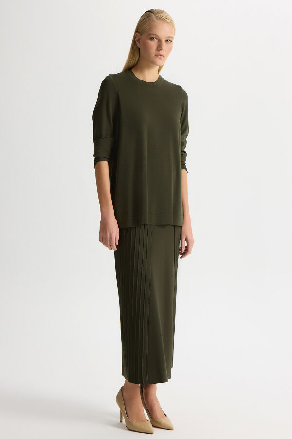 Korsajlı Örgü Teknikli Triko Etek Haki - 2