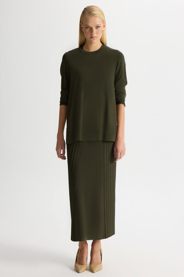 Korsajlı Örgü Teknikli Triko Etek Haki - 3