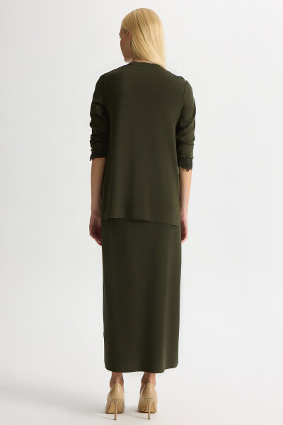 Korsajlı Örgü Teknikli Triko Etek Haki - 4