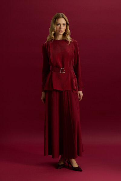 Korsajlı Plise Etek Cherry 