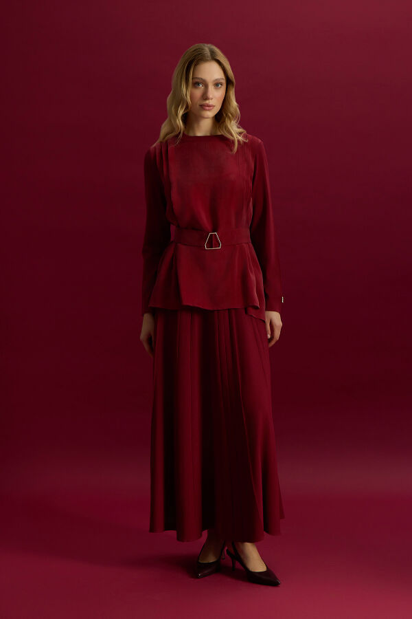 Korsajlı Plise Etek Cherry - 1