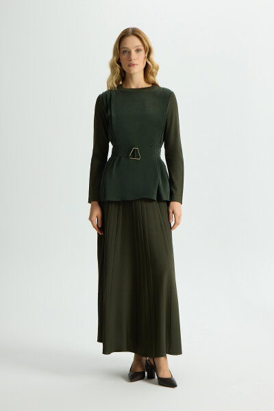 Korsajlı Plise Etek Haki 