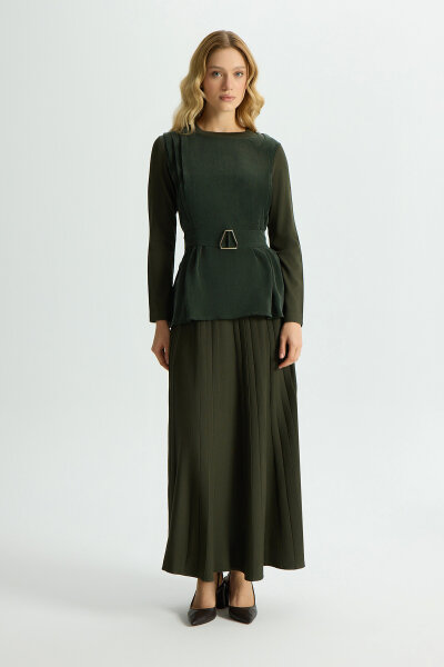 Korsajlı Plise Etek Haki - MISS DALIDA (1)