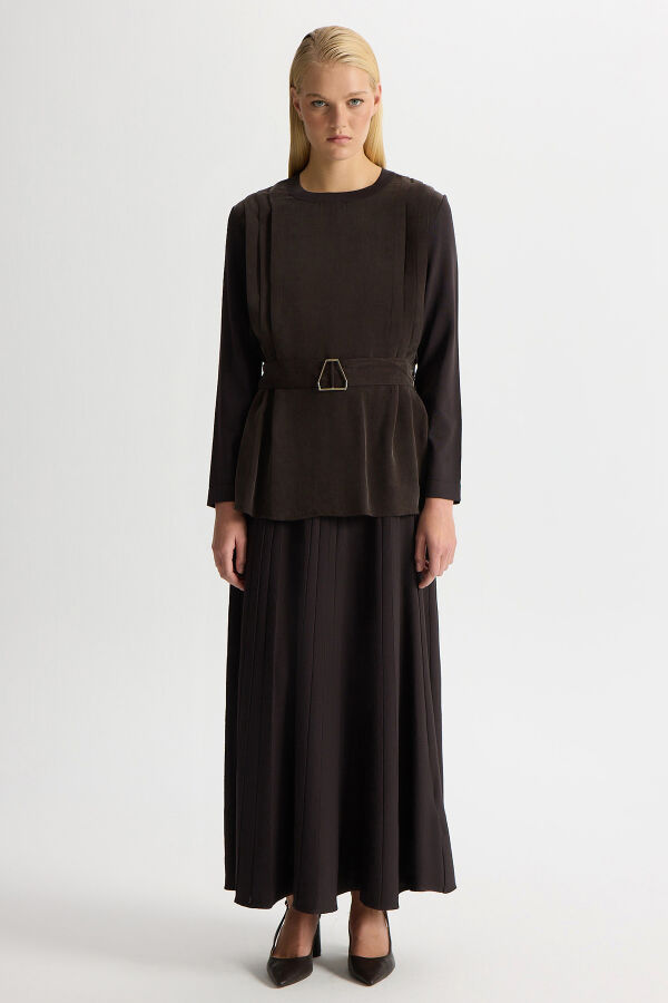 Korsajlı Plise Etek Kahverengi - 1