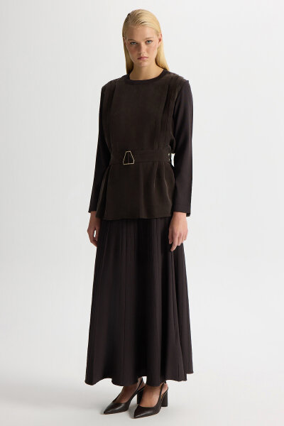 Korsajlı Plise Etek Kahverengi - 2