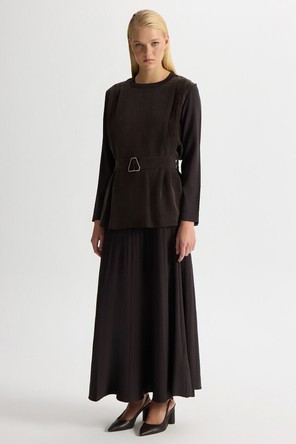 Korsajlı Plise Etek Kahverengi - 2