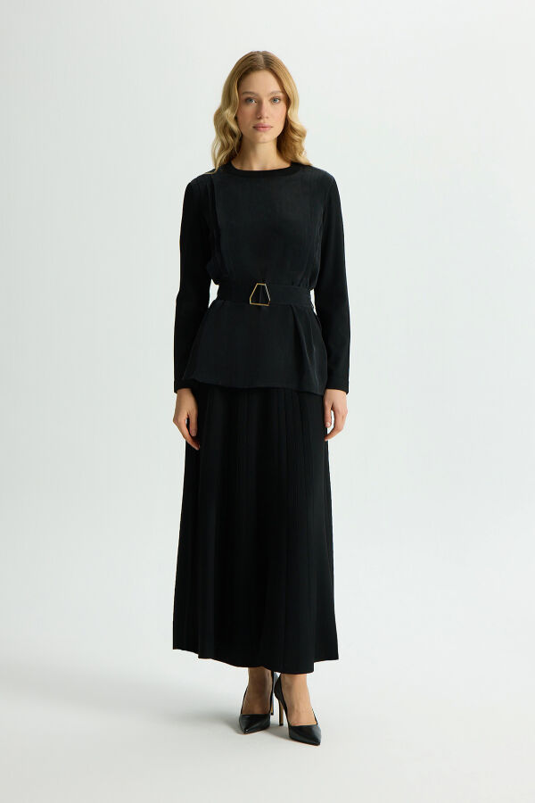 Korsajlı Plise Etek Siyah - 1