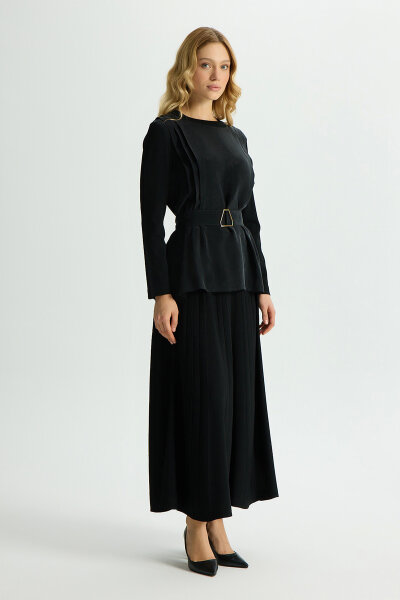 Korsajlı Plise Etek Siyah - 2