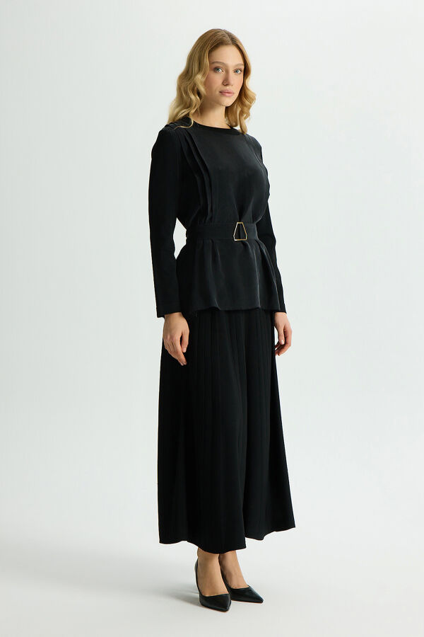 Korsajlı Plise Etek Siyah - 2