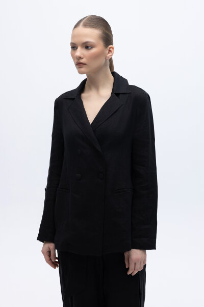 Kruvaze Kesim Keten Ceket Siyah 