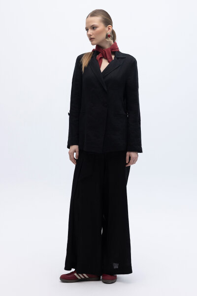 Kruvaze Kesim Keten Ceket Siyah - 3