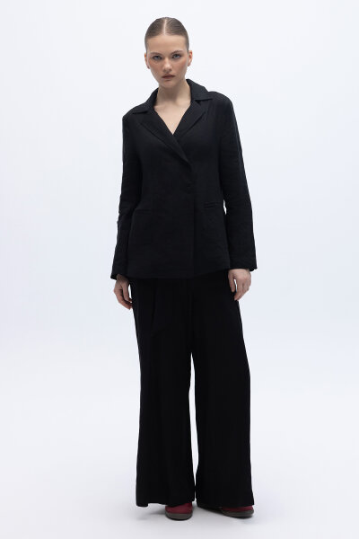 Kruvaze Kesim Keten Ceket Siyah - 4