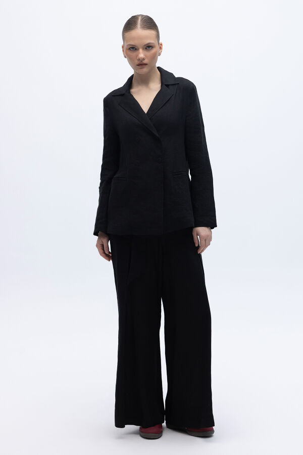 Kruvaze Kesim Keten Ceket Siyah - 4