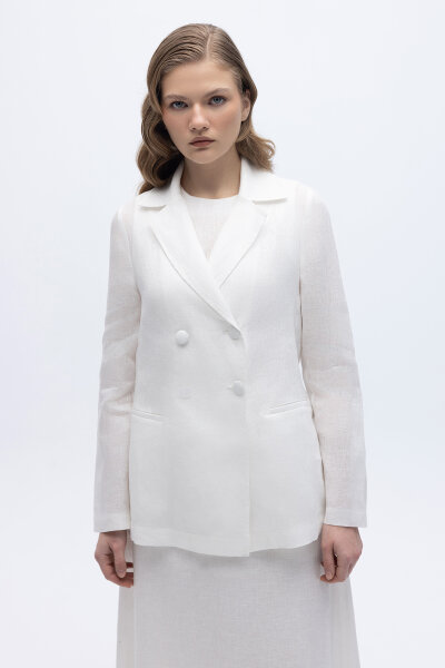 Kruvaze Kesim Keten Ceket Ekru 