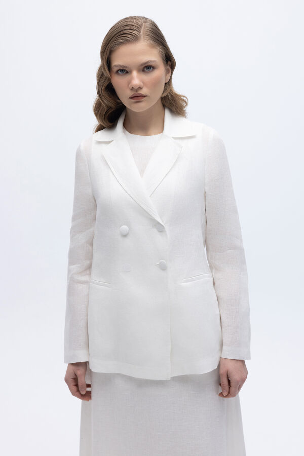 Kruvaze Kesim Keten Ceket Ekru - 1