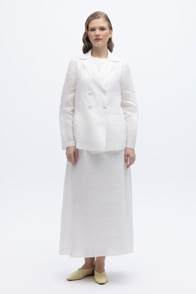 Kruvaze Kesim Keten Ceket Ekru - 4