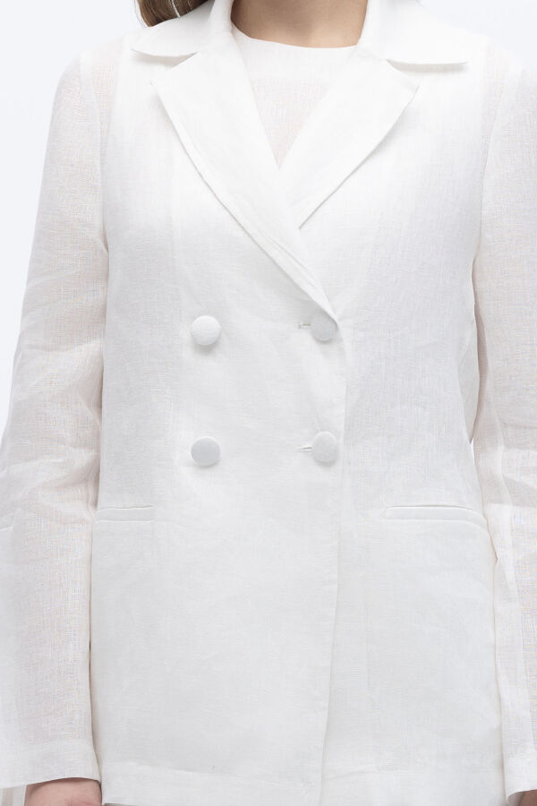 Kruvaze Kesim Keten Ceket Ekru - 5