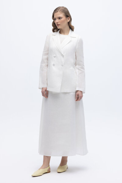 Kruvaze Kesim Keten Ceket Ekru - 6