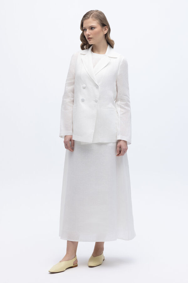 Kruvaze Kesim Keten Ceket Ekru - 6