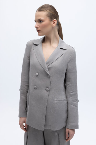 Kruvaze Kesim Keten Ceket Gri 