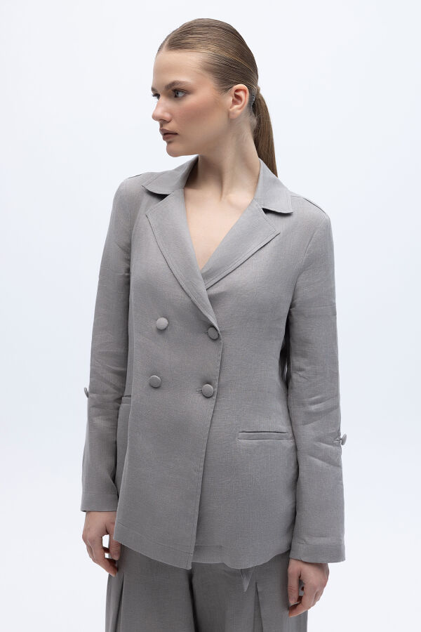 Kruvaze Kesim Keten Ceket Gri - 1