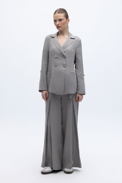 Kruvaze Kesim Keten Ceket Gri - 3