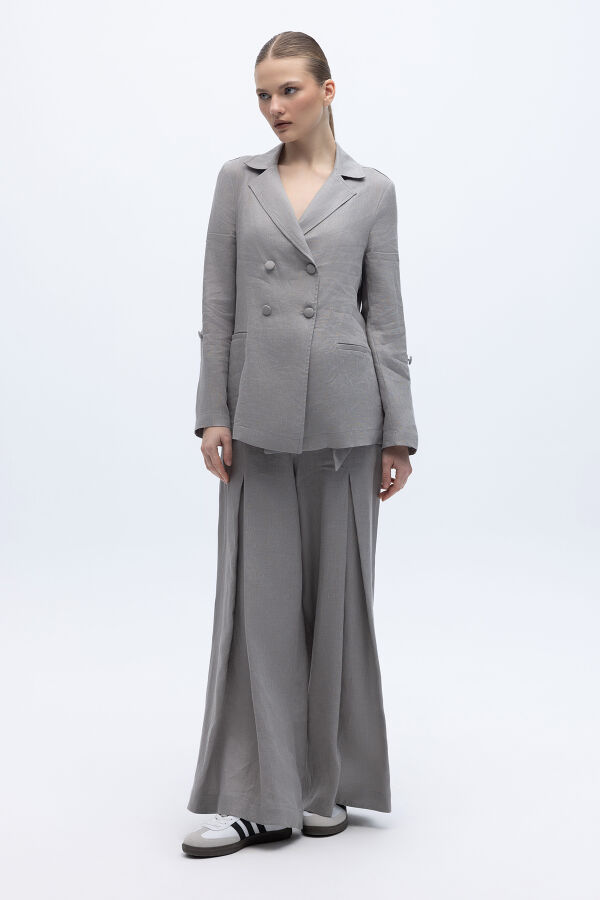 Kruvaze Kesim Keten Ceket Gri - 4