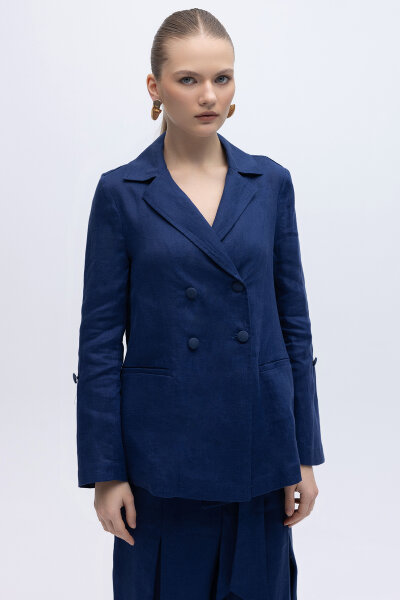 Kruvaze Kesim Keten Ceket Navy - MISS DALIDA