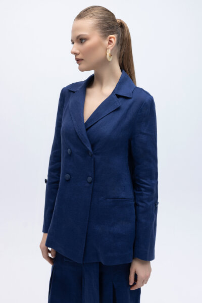 Kruvaze Kesim Keten Ceket Navy - MISS DALIDA (1)