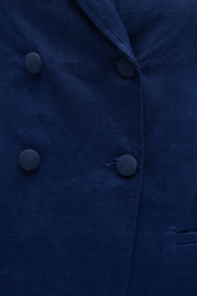 Kruvaze Kesim Keten Ceket Navy - 3