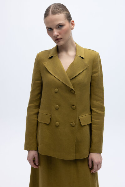 Kruvaze Kesim Keten Uzun Ceket Amber - 1