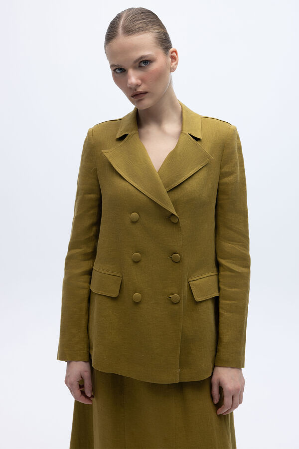 Kruvaze Kesim Keten Uzun Ceket Amber - 1