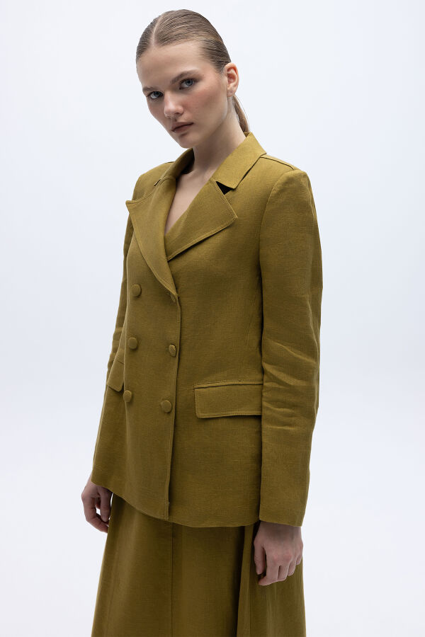 Kruvaze Kesim Keten Uzun Ceket Amber - 2