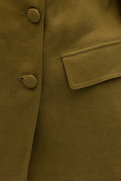 Kruvaze Kesim Keten Uzun Ceket Amber - 3