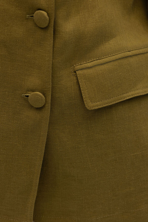 Kruvaze Kesim Keten Uzun Ceket Amber - 3