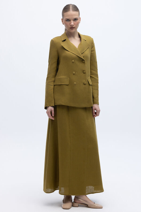 Kruvaze Kesim Keten Uzun Ceket Amber - 5