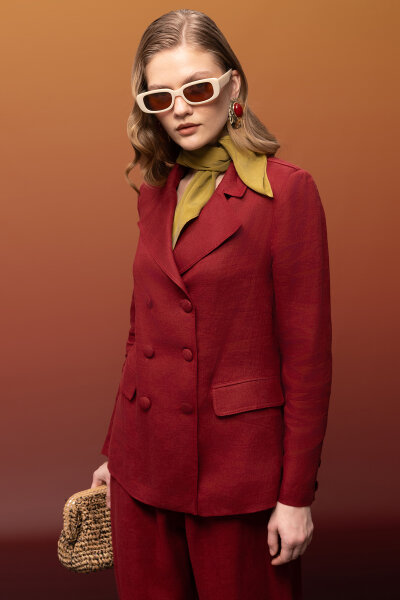 Kruvaze Kesim Keten Uzun Ceket Cherry 