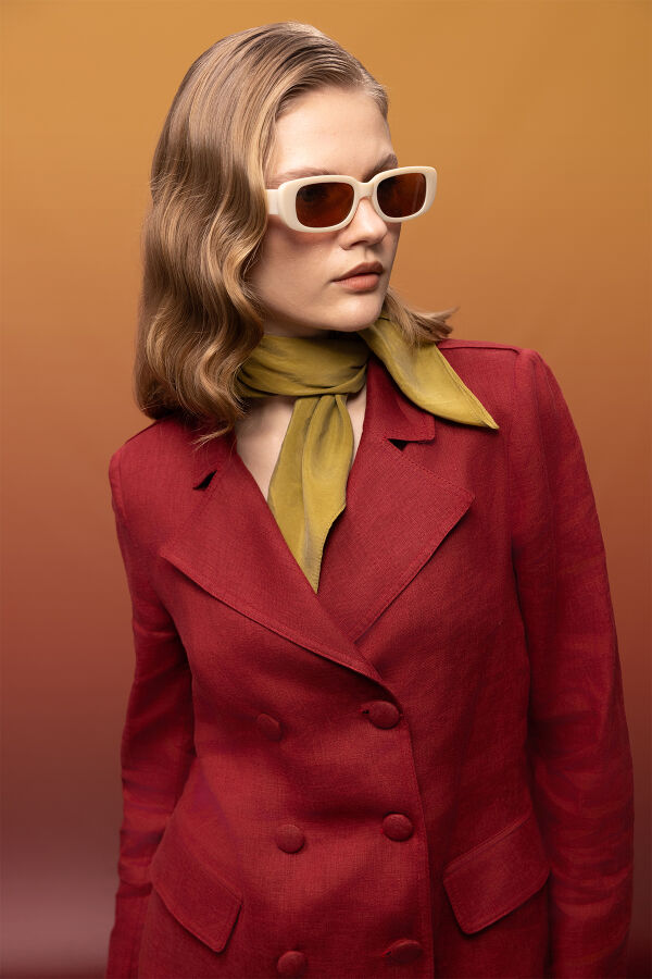 Kruvaze Kesim Keten Uzun Ceket Cherry - 2