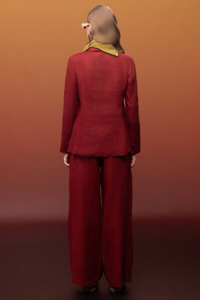 Kruvaze Kesim Keten Uzun Ceket Cherry - 3