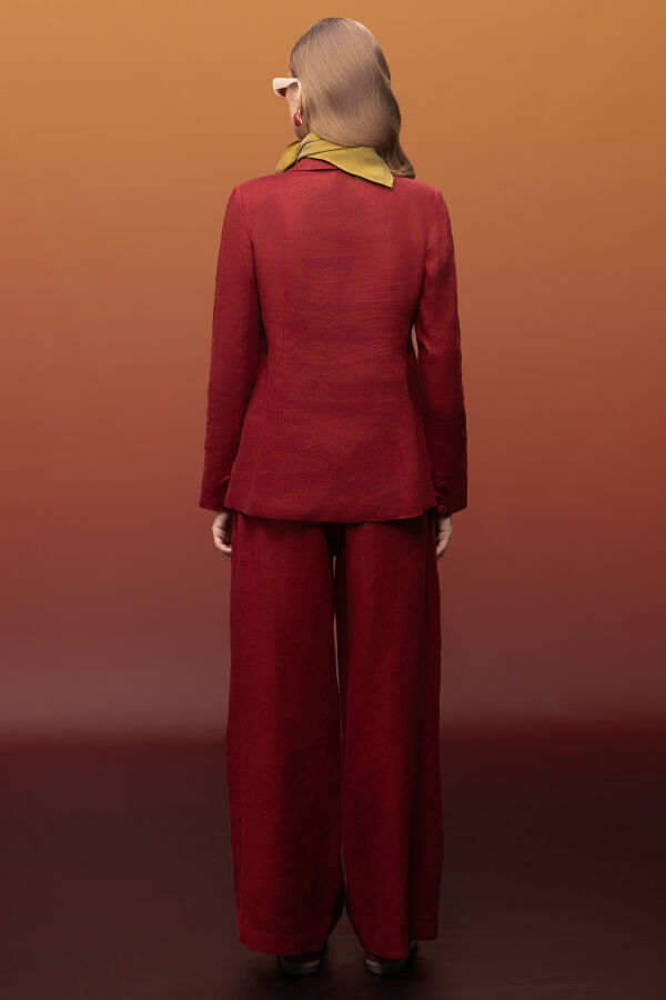 Kruvaze Kesim Keten Uzun Ceket Cherry - 3