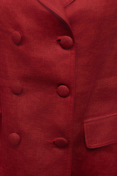 Kruvaze Kesim Keten Uzun Ceket Cherry - 4