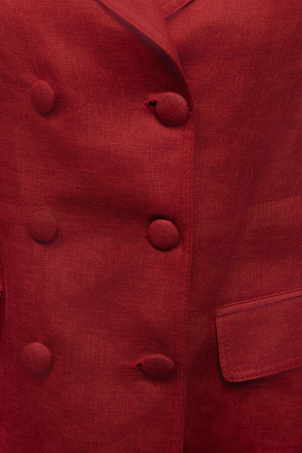 Kruvaze Kesim Keten Uzun Ceket Cherry - 4